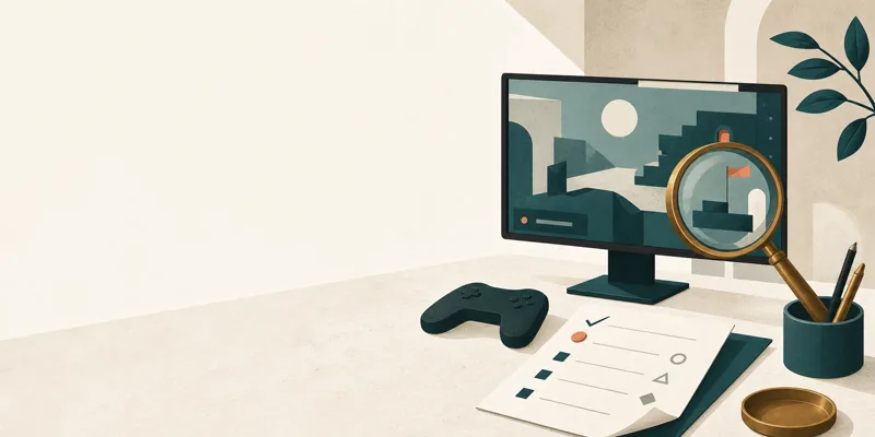 Original illustration of a bright game review desk with a magnifying glass, checklist and controller