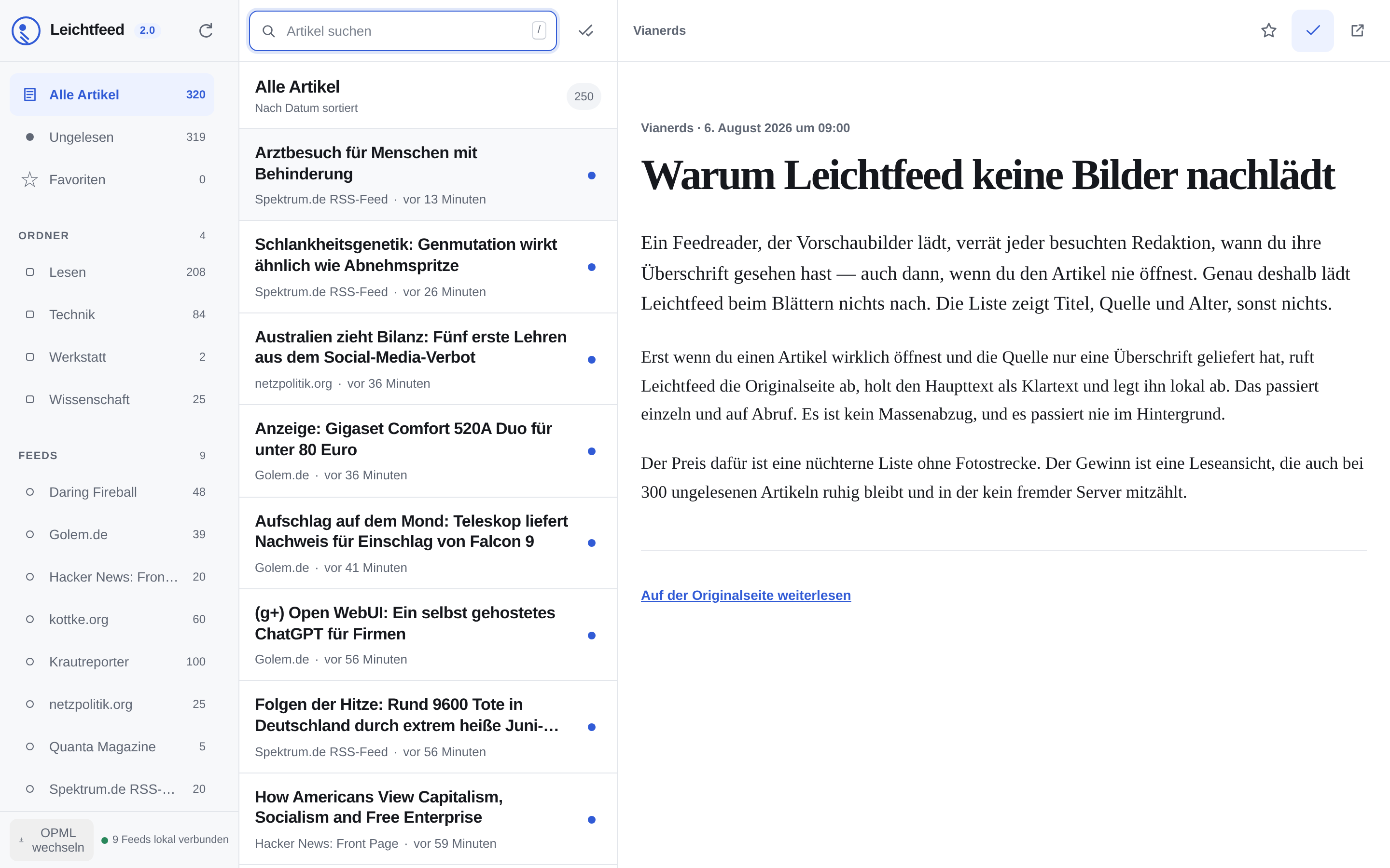 Leichtfeed mit neun verbundenen Quellen, 320 Artikeln in der mittleren
                    Spalte und einem geöffneten Artikel in der Lesefläche rechts.
