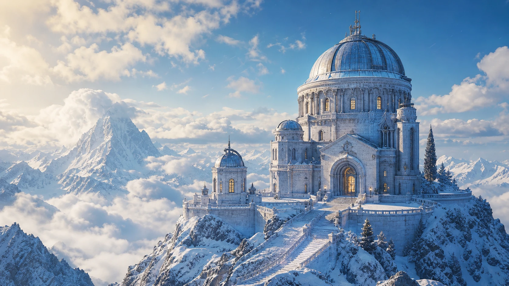Observatorium hoch über verschneiten Bergen und Wolken