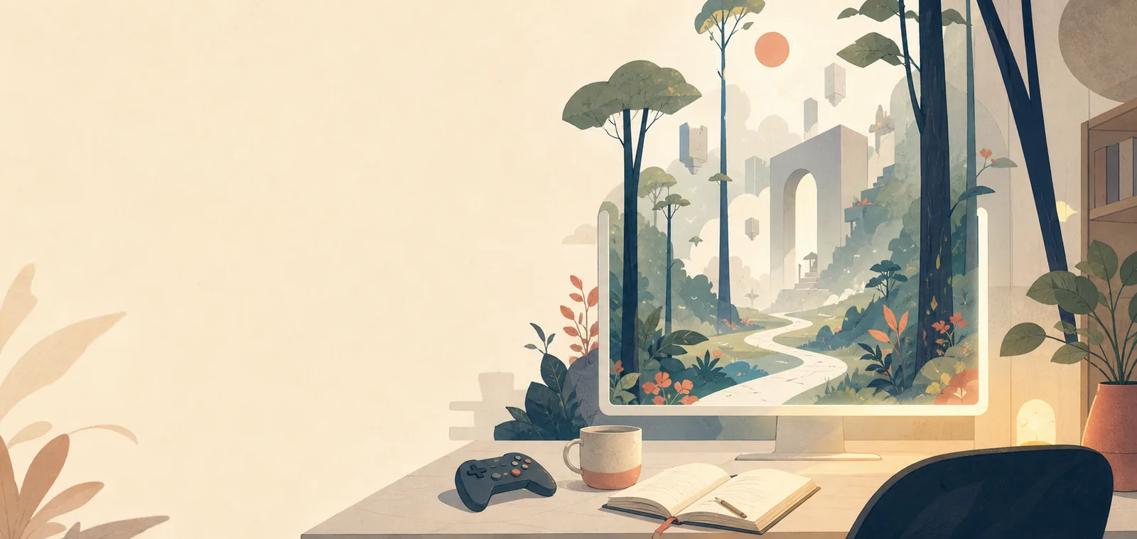A quiet desk opens through a glowing screen into a misty, impossible forest.